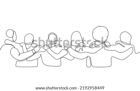 Single continuous line drawing about group of men and woman from multi ethnic standing and hugging together to show their unity bonding. Friendship concept one line draw design vector illustration Foto stock © 