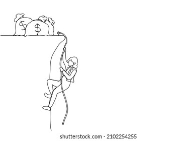 Single continuous line drawing active businesswoman doing rope climbing towards money bag. Climber hanging on rope, pulling himself on top of rocky mountain wall. One line draw graphic design vector