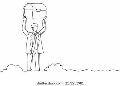 Single continuous line drawing active businessman lifting chest treasure in ground. Excited worker finding gem box artefact. Treasure gold hunting. One line draw graphic design vector illustration