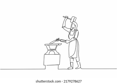 Single continuous line drawing active female blacksmith in apron forging blade on anvil. Woman metal worker with hammer and anvil create small sword. One line draw graphic design vector illustration