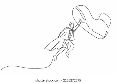 Single continuous line drawing active businessman flying with heroes capes against giant shoes stomping. Office worker fly up against giant foot step. One line draw graphic design vector illustration