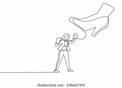 Single continuous line drawing active businesswoman punching uppercut under big foot stomp. Manager against authoritarian or anger boss. Minimalism metaphor. One line draw design vector illustration