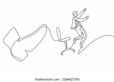 Single continuous line drawing active small businessman kicked out by big foot. Office worker kick away from chair by giant feet. Minimalism metaphor. One line draw graphic design vector illustration