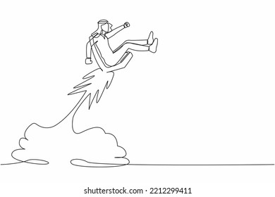 Single continuous line drawing active Arab businessman riding office chair rocket flying in the sky. Boost career development, job promoted to higher position. One line draw design vector illustration