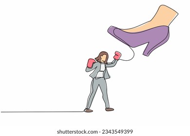 Single continuous line drawing active businesswoman punching uppercut under big foot stomp. Manager against authoritarian or anger boss. Minimalism metaphor. One line draw design vector illustration
