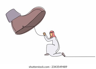 Single continuous line drawing active Arab businessman kneel down under big foot. Male manager under tyranny, dictatorship, authoritarian. Minimalism metaphor. One line draw design vector illustration