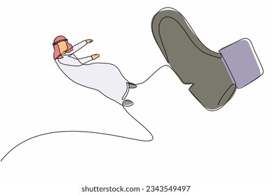Single continuous line drawing active Arab businessman kicked out by big foot. Bankruptcy, insolvency. Male employee become unemployed. Minimalism metaphor concept. One line design vector illustration