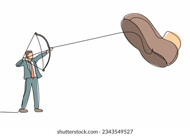 Single continuous line drawing active businessman aiming bow against giant shoes stomping. Office worker archering against giant foot step. Dynamic one line draw graphic design vector illustration