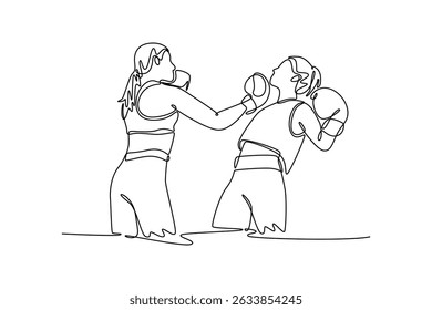 Single continuous line drawing active female athlete striking opponent with uppercut during boxing fight. Two woman boxers having match in boxing ring. One line draw graphic design vector illustration