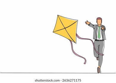 Single continuous line drawing active businessman runs with flying kite. Race for opportunities, catch dream metaphor, run business project. Dynamic one line draw graphic design vector illustration