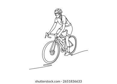 Uma linha contínua desenhando desportista destemido ativo em bicicleta de condução de equipamento de proteção em estrada íngreme. Esportes, saúde, exercícios, recreação. Ilustração de vetor de design gráfico com desenho de uma linha