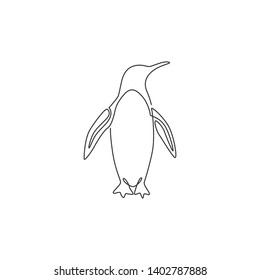 Single continuous line drawing of adorable penguin for company business logo identity. Arctic animal bird mascot concept for kids stationary product. One line draw design vector graphic illustration