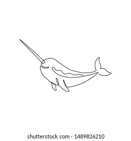 Single continuous line drawing of adorable narwhal for logo identity. Narwhale animal mascot concept for magical creature icon. One line graphic draw design vector illustration