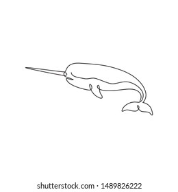 Single continuous line drawing of adorable narwhal for logo identity. Narwhale animal mascot concept for magical creature icon. One line draw design vector graphic illustration