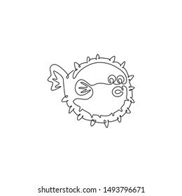 Single continuous line drawing of adorable pufferfish for marine logo identity. Blow fish mascot concept for Chinese restaurant icon. Modern one line draw design vector illustration