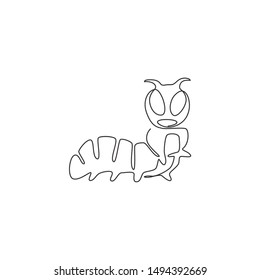 Single continuous line drawing of adorable caterpillar for company logo identity. Serious agricultural pest mascot concept for pest control icon. Modern one line draw design vector illustration