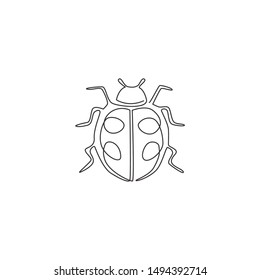 Single continuous line drawing of adorable ladybug for company logo identity. Insect mascot concept for public park icon. Modern one line draw design vector graphic illustration