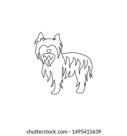 Single continuous line drawing of adorable yorkshire terrier dog for company logo identity. Purebred dog mascot concept for pedigree friendly pet icon. Modern one line draw design vector illustration