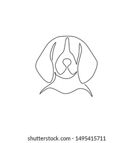 Single continuous line drawing of adorable beagle dog head for company logo identity. Purebred dog mascot concept for pedigree friendly pet icon. Modern one line draw design vector illustration