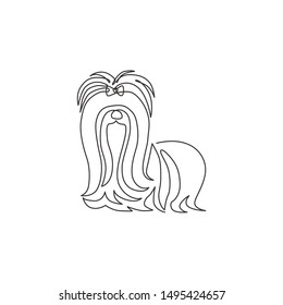 Single continuous line drawing of adorable shih tzu for pet salon logo identity. Purebred dog mascot concept for pedigree friendly pet icon. Modern one line draw graphic design vector illustration