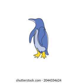 Dibujo de línea continua de un pingüino adorable para la identidad del logotipo de la empresa. Concepto de mascota de aves animales en el Ártico para niños con producto estacionario. Ilustración de diseño de gráfico de una línea