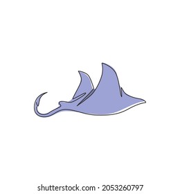 Single continuous line drawing of adorable stingray for logo nautical identity. Sea ray fish mascot concept for aquatic show icon. Modern one line draw design vector illustration