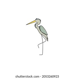 Single continuous line drawing of adorable standing heron for company logo identity. Long legged freshwater bird mascot concept for conservation icon. Modern one line draw design vector illustration