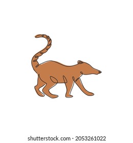 Single continuous line drawing of adorable coati for company logo identity. Ring tailed mammal animal mascot concept for national park icon. Modern one line draw design vector graphic illustration