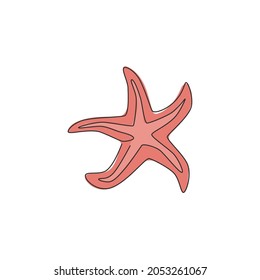 Single continuous line drawing of adorable sea star for nautical logo identity. Starfish animal mascot concept for beach ornament icon. Modern one line draw design vector illustration