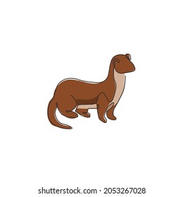 Single continuous line drawing of adorable weasel for company logo identity. Little mammal predator mascot concept for national conservation park icon. Modern one line draw design vector illustration