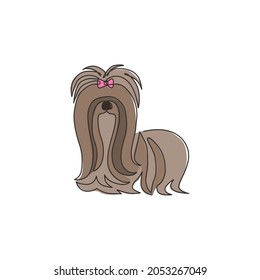 Single continuous line drawing adorable shih tzu for pet salon logo identity  Purebred dog mascot concept for pedigree friendly pet icon  Modern one line draw graphic design vector illustration