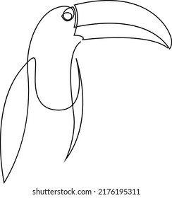 Single continuous line drawing of adorable toucan bird with big beak for logo identity. Endangered animal mascot concept for national zoo icon. Trendy one line draw graphic design vector illustration.