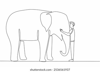 Single continuous line drawing adult man wearing casual trousers standing hugging elephant trunk. Give a form of affection. Animal lover. National Zoo Lovers Day. One line design vector illustration