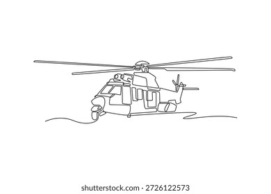 Helicóptero de apoio avançado de desenho de linha única contínua. Corpo aerodinâmico, motores duplos, patins de aterrissagem resistentes projetados para o envio de tropas em guerra. Ilustração de vetor de design gráfico com desenho de uma linha