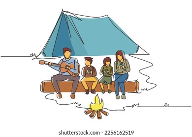 Single continuous line drawing adventure hiker family camping with bonfire. Drinking hot tea sitting on logs. Father playing guitar and sing song with child. One line draw design vector illustration