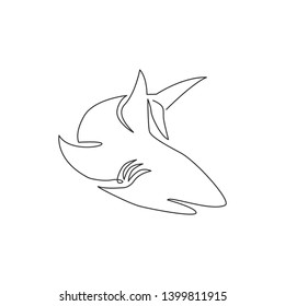 Single continuous line drawing of aggressive shark for nature adventure company logo identity. Wildlife sea fish animal concept for safe ocean organization mascot. One line draw design illustration