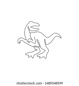 Single continuous line drawing of aggressive velociraptor for logo identity. Prehistoric animal mascot concept for dinosaurs theme amusement park icon. One line draw graphic design vector illustration