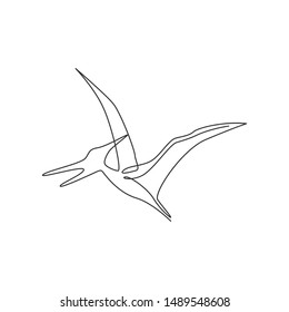 Single continuous line drawing of aggressive flying pterodactyl for logo identity. Prehistoric animal mascot concept for dinosaurs theme amusement park icon. One line draw design vector illustration