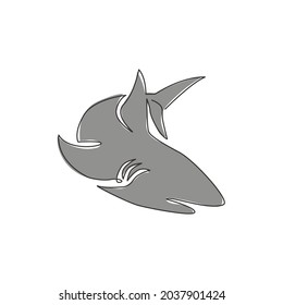 Single continuous line drawing of aggressive shark for nature adventure company logo identity. Wildlife sea fish animal concept for safe ocean organization mascot. One line draw design illustration