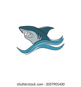 Single continuous line drawing of aggressive shark for nature adventure company logo identity. Wildlife sea fish animal concept for safe ocean organization mascot. One line draw design illustration
