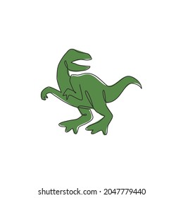 Single continuous line drawing of aggressive velociraptor for logo identity. Prehistoric animal mascot concept for dinosaurs theme amusement park icon. One line draw graphic design vector illustration