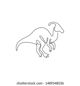 Single continuous line drawing of agile parasaurolophus for logo identity. Prehistoric animal mascot concept for dinosaurs theme amusement park icon. One line draw graphic design vector illustration