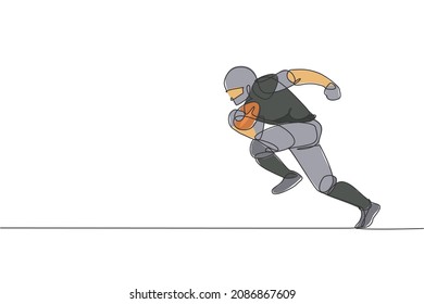Single continuous line drawing of agile man american football player speed running to reach score line for competition media. Sport exercise concept. Trendy one line draw design vector illustration