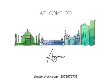 Single continuous line drawing of Agra city skyline, India. Famous city scraper and landscape home wall decor poster print art. World travel concept. Modern one line draw design vector illustration