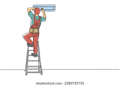 Reparación del aire acondicionado de dibujo de línea continua. Técnico de reparaciones hombre reparando aire acondicionado. Reparación de la unidad de aire acondicionado y mantenimiento profesional. vector de diseño de trazos de una línea
