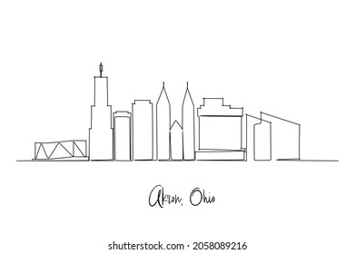 Single continuous line drawing Akron city skyline, Ohio. Famous city scraper landscape. World travel home wall decor art poster print concept. Modern one line draw design graphic vector illustration