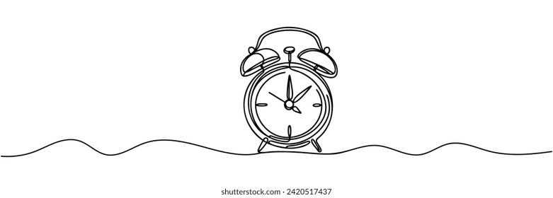 Single continuous line drawing of an alarm clock.