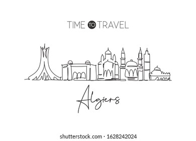 Single continuous line drawing of Algiers city skyline, Algeria. Famous city scraper landscape home wall decor poster print art. World travel concept. Modern one line draw design vector illustration