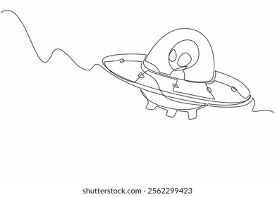 Single continuous line drawing alien riding a ufo. Flying saucer. Long and tiring journey in space. Preparing to invade. Need a place to stop. Fantasy. Alien Day. One line design vector illustration