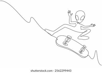 Single continuous line drawing alien is playing skateboard with pose jump and perform tricks. Likes extreme sports that get the adrenaline pumping. Alien Day. One line design vector illustration